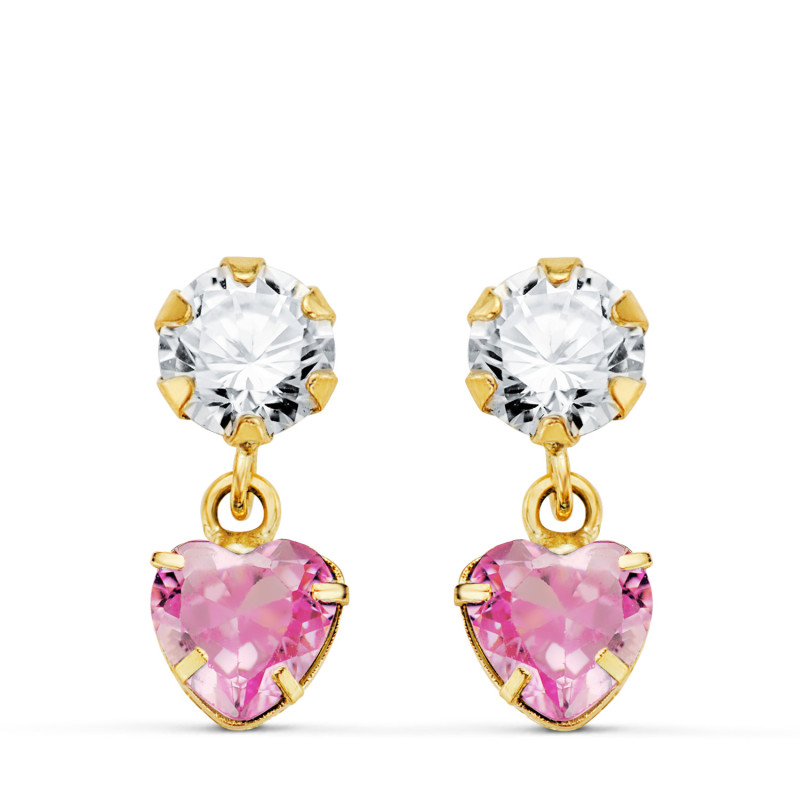 18K PENDIENTES ORO AMARILLO DOS CUERPOS CON CIRCONITA Y PIEDRA ROSA CORAZON 14 X 5MM.  PRESION