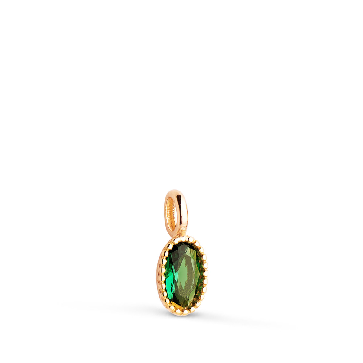 18K COLGANTE ORO AMARILLO OVAL PIEDRA VERDE BORDES BOLITAS. MEDIDA: 9 X 4MM