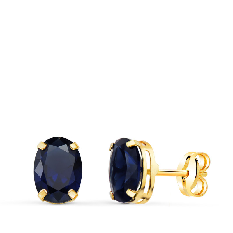 18K PENDIENTES ORO AMARILLO OVAL PIEDRA AZUL 7 X 5 MM. CIERRE PRESION