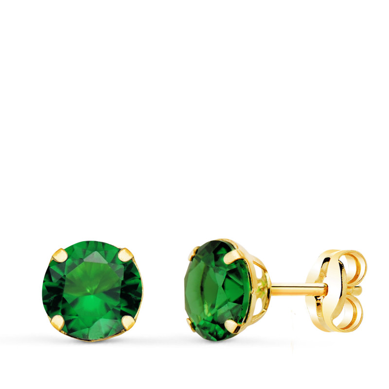 18K PENDIENTES ORO AMARILLO REDONDOS PIEDRA VERDE 6 MM. CIERRE PRESION