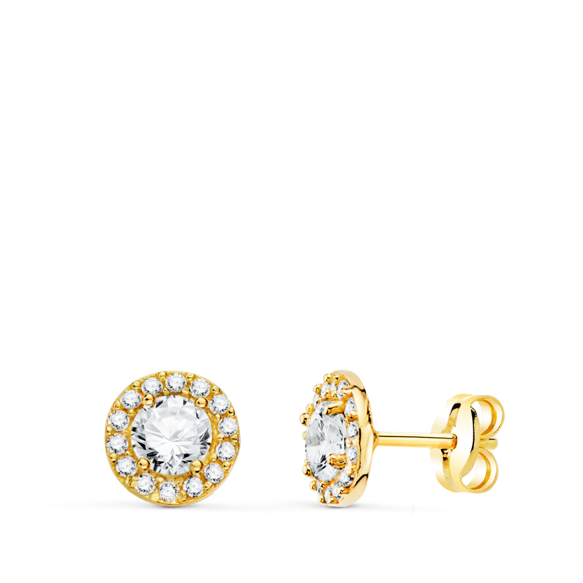 18K PENDIENTES ORO AMARILLO REDONDOS CON CIRCONITA BLANCAS. ANCHO: 6,5 MM. CIERRE PRESION