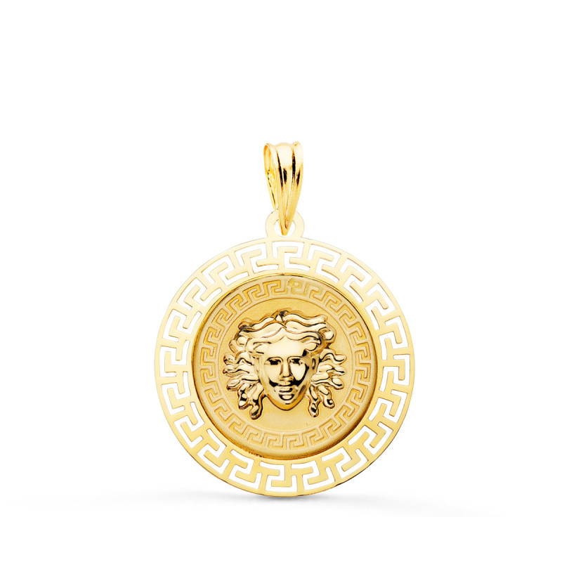 18K MEDALLA ORO AMARILLO MEDUSA CON BORDE CALADA Y GRECA MATIZADA 20 MM