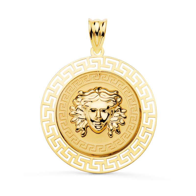 18K MEDALLA ORO AMARILLO MEDUSA CON BORDE CALADA Y GRECA MATIZADA 27 MM
