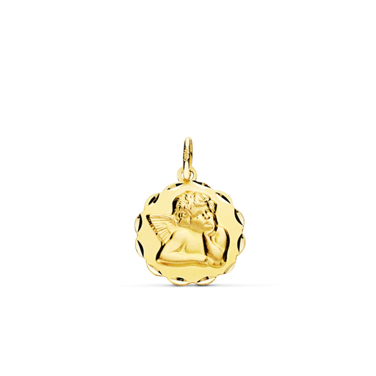 18K MEDALLA ORO AMARILLO ANGELITO BURLON ARCOS TALLADOS 14 MM LIGERO