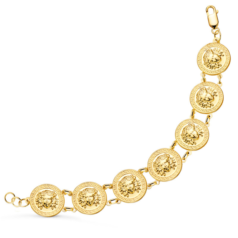 18K PULSERA ORO AMARILLO CON MEDUSAS REDONDAS EN BRILLO 20 MM LARGO 21.5 CM