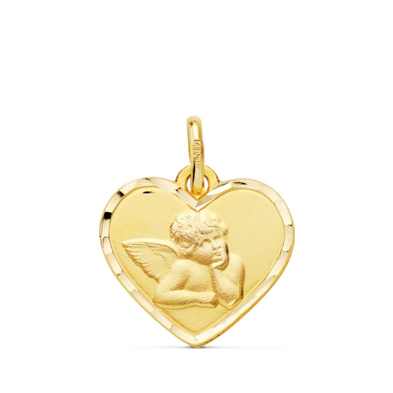 18K MEDALLA ORO AMARILLO CORAZON ANGELITO BURLON BORDES TALLADOS. 14 MM C. AMOR