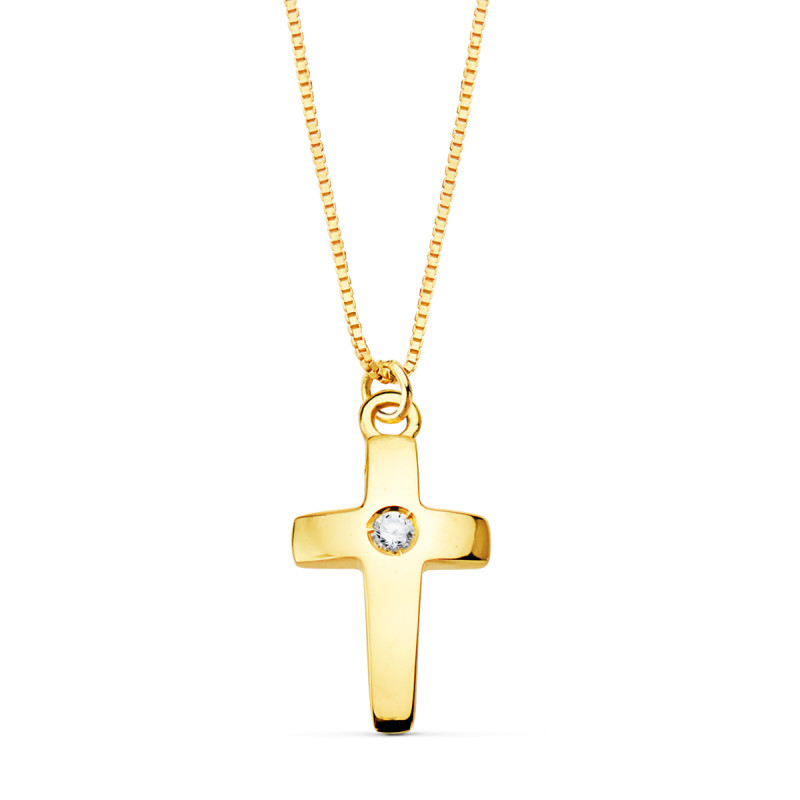 18K COLLAR ORO AMARILLO CRUZ 11X7 MM 1 DIAMANTE LABORATORIO 0,015 QT. CADENA VENECIANA 45CM G-VS2