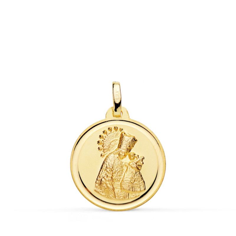 18K ESCAPULARIO ORO AMARILLO VIRGEN DE LOS DESAMPARADOS Y CORAZON JESUS 18 MM BISEL