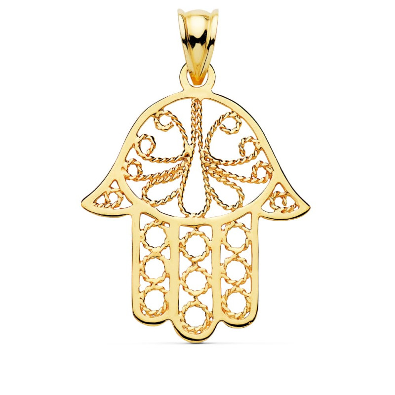 18K COLGANTE AMULETO ORO AMARILLO MANO DE FATIMA CALADA 36 X 31 MM