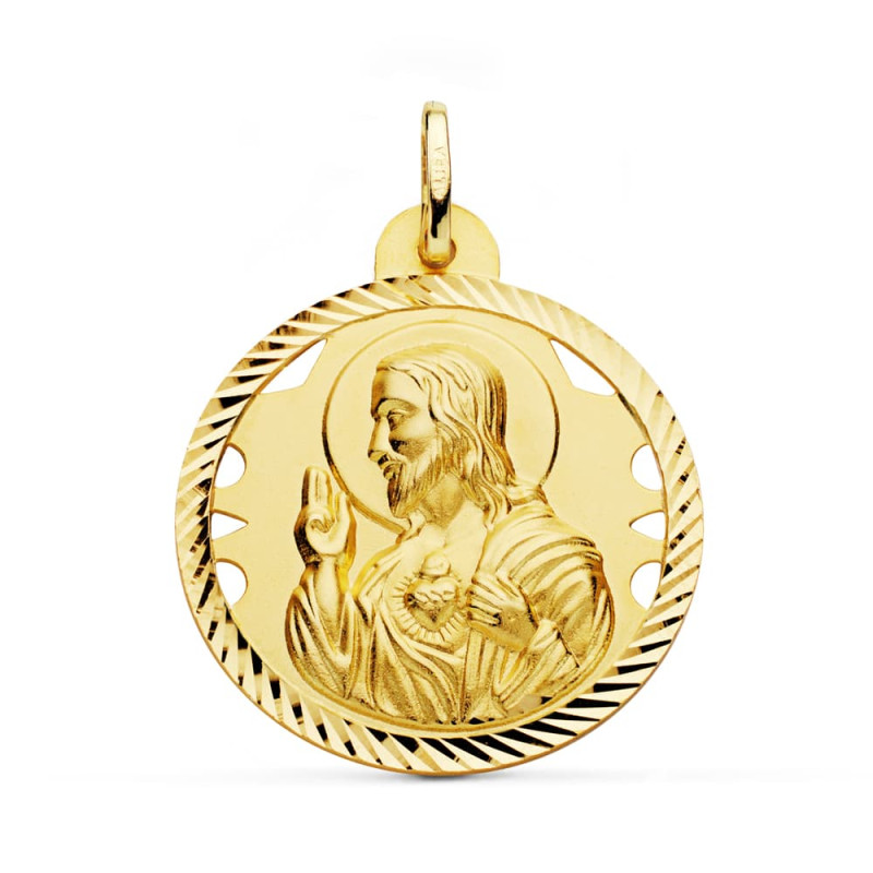 18K MEDALLA ORO AMARILLO CRISTO SAGRADO CORAZON DE JESUS CALADO CERCO HELICE TALLADO 28 MM