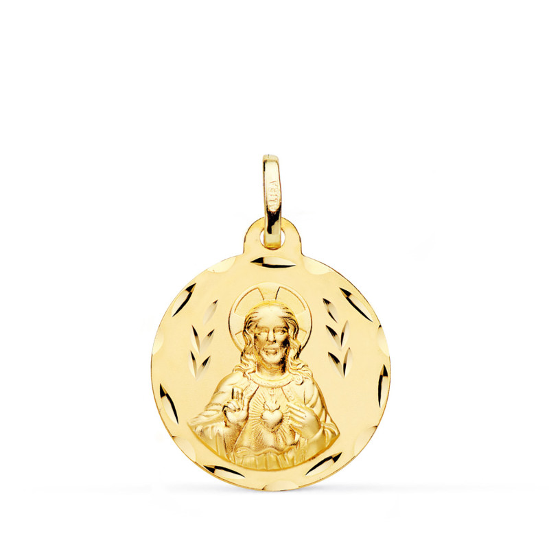18K MEDALLA ORO AMARILLO CRISTO SAGRADO CORAZON DE JESUS TALLADA 20 MM