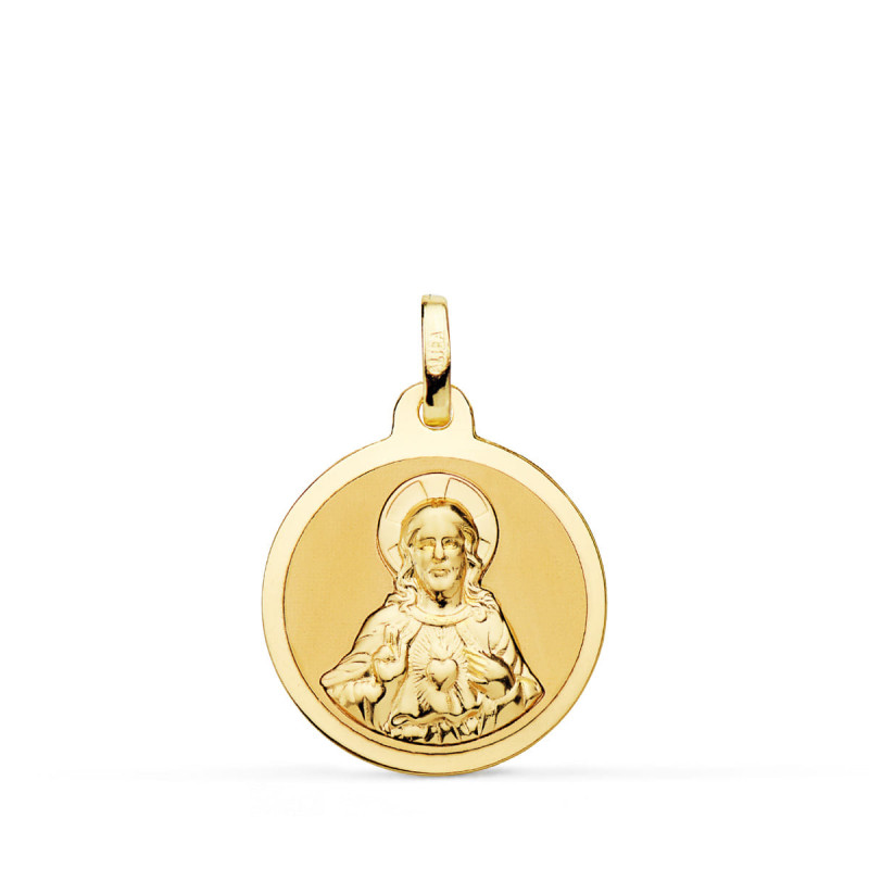 18K MEDALLA ORO AMARILLO SAGRADO CORAZON JESUS MATE Y BRILLO 18 MM