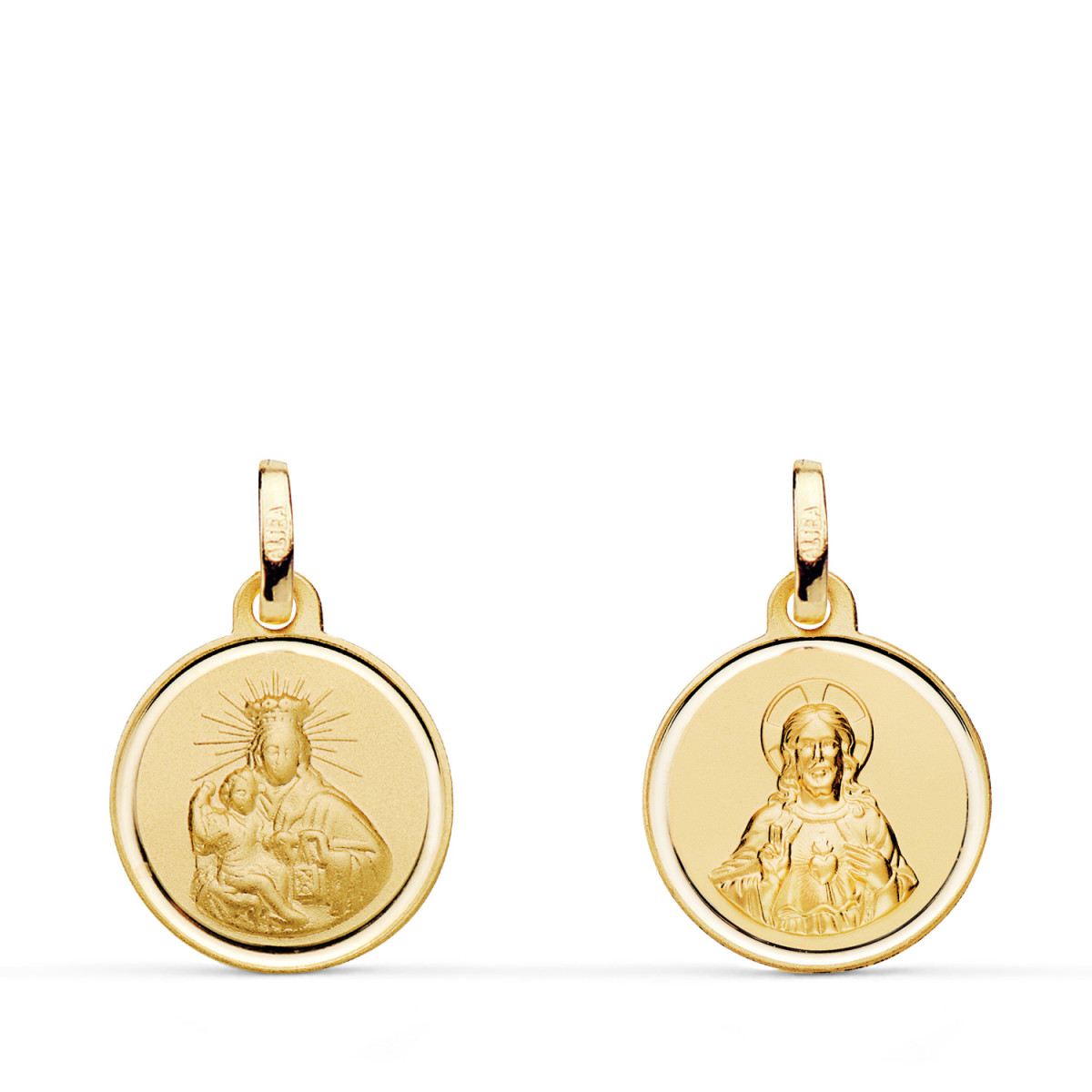 18K ESCAPULARIO ORO AMARILLO VIRGEN CARMEN Y CORAZON DE JESUS EN BISEL. MEDIDA: 14 MM