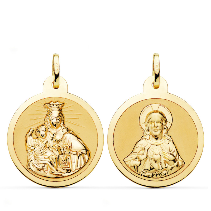 18K ESCAPULARIO ORO AMARILLO VIRGEN DEL CARMEN Y CORAZON DE JESUS EN BRILLO 24 MM