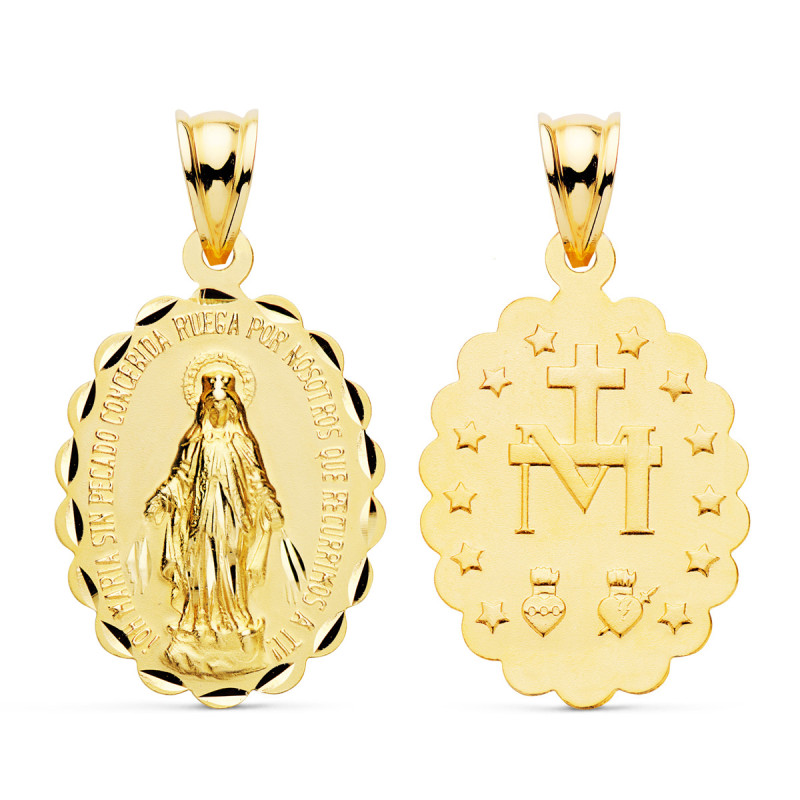 18K MEDALLA ORO AMARILLO VIRGEN DE LA MILAGROSA OVAL TALLADA 25X18 MM