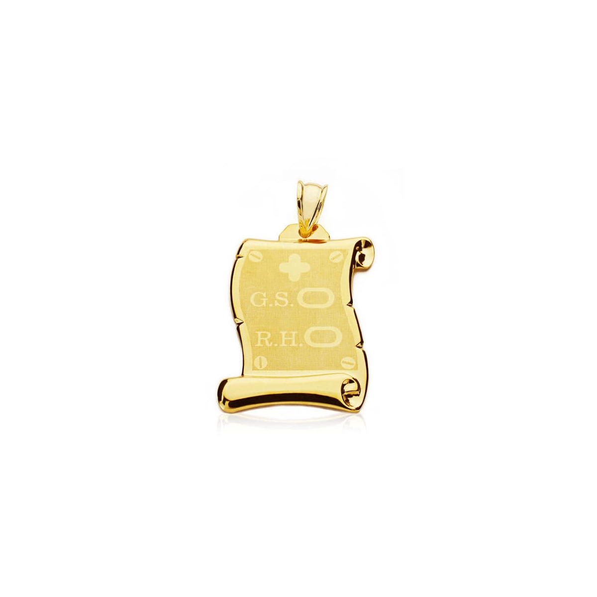 18K PLACA CHAPA COLGANTE PERGAMINO ORO AMARILLO BRILLO GRUPO SANGUINEO   RH MATE Y BRILLO 28X22 MM