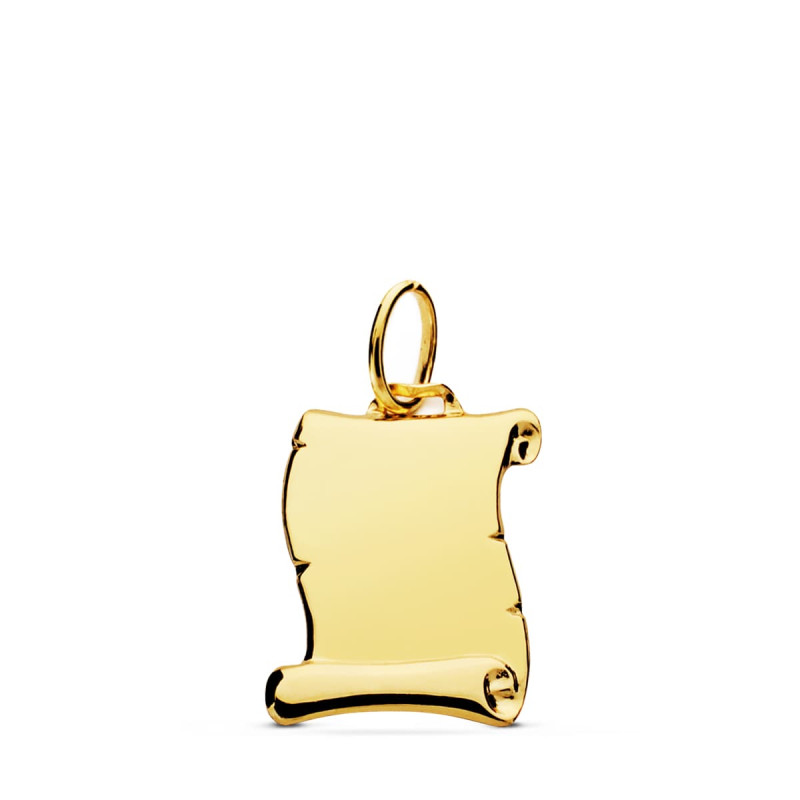 18K PLACA CHAPA COLGANTE PERGAMINO ORO AMARILLO LISO BRILLO 14X12 MM