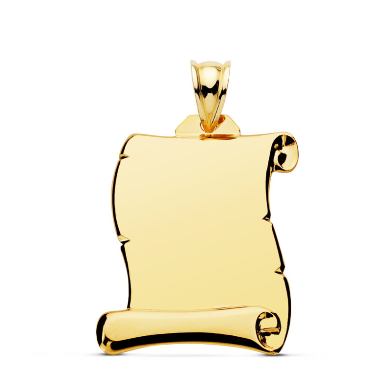 18K PLACA CHAPA ORO AMARILLO COLGANTE PERGAMINO LISO 26X23 MM