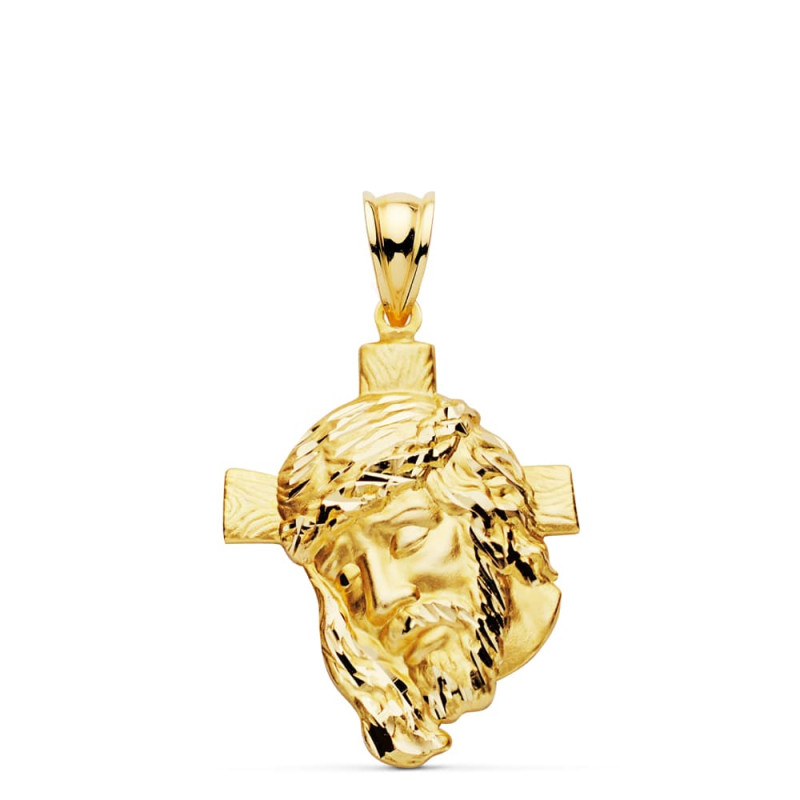 18K COLGANTE ORO AMARILLO CABEZA DE CRISTO CRUZ 31X21 MM