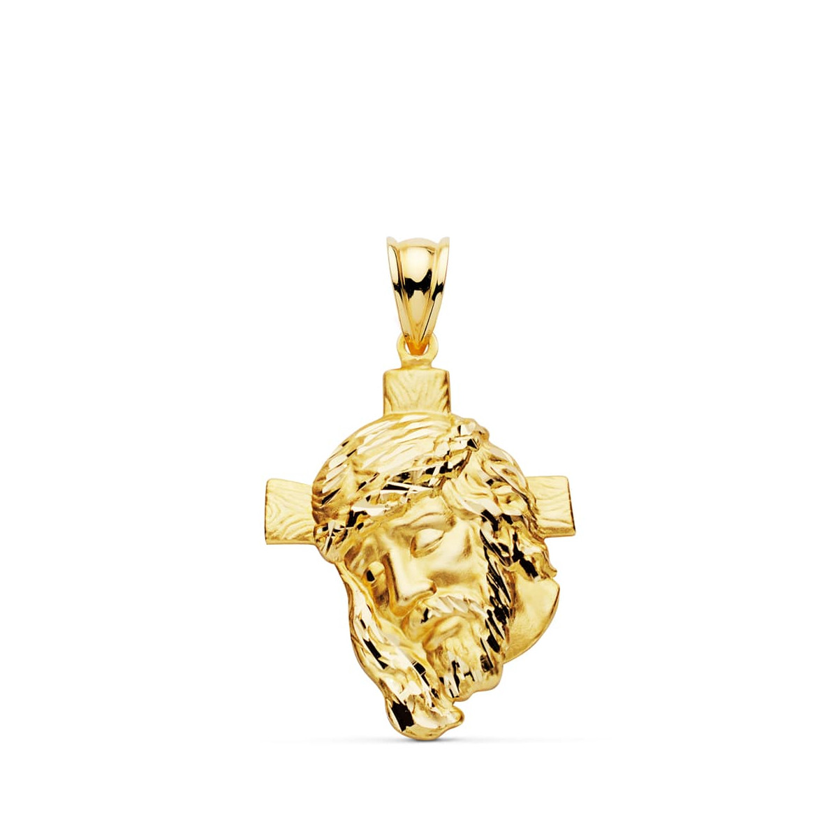 18K COLGANTE ORO AMARILLO CABEZA DE CRISTO CRUZ 31X21 MM