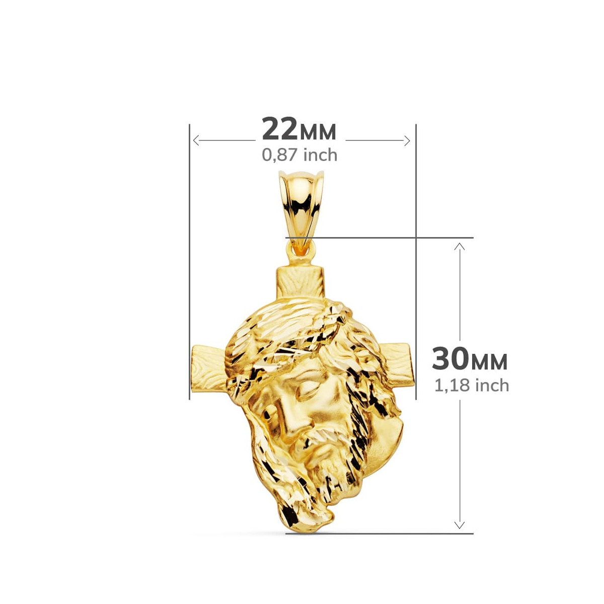 18K COLGANTE ORO AMARILLO CABEZA DE CRISTO CRUZ 31X21 MM