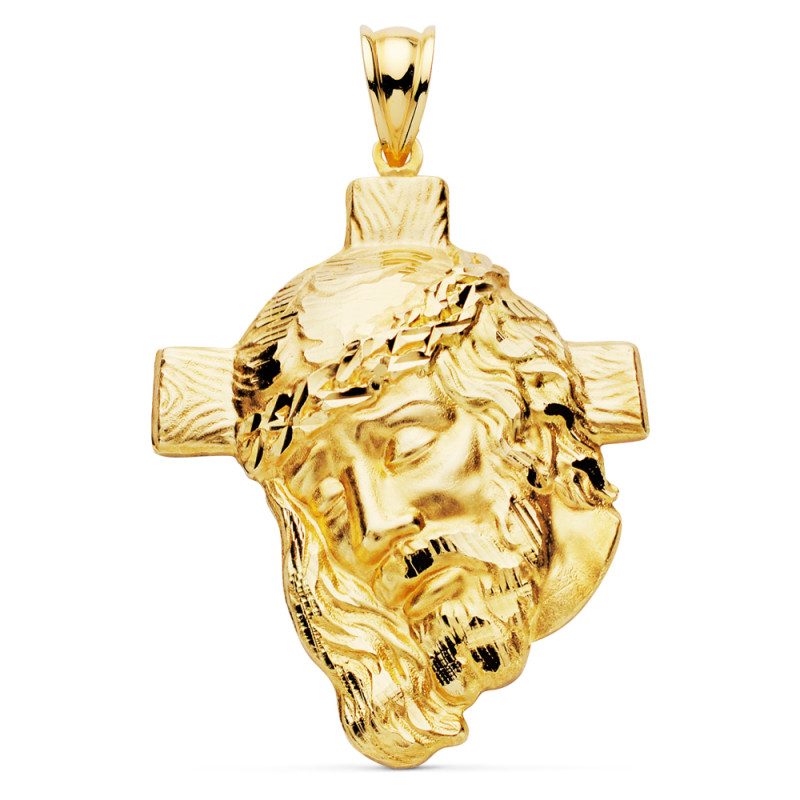 18K COLGANTE ORO AMARILLO CABEZA DE CRISTO  CON CRUZ TALLADA 40X30 MM