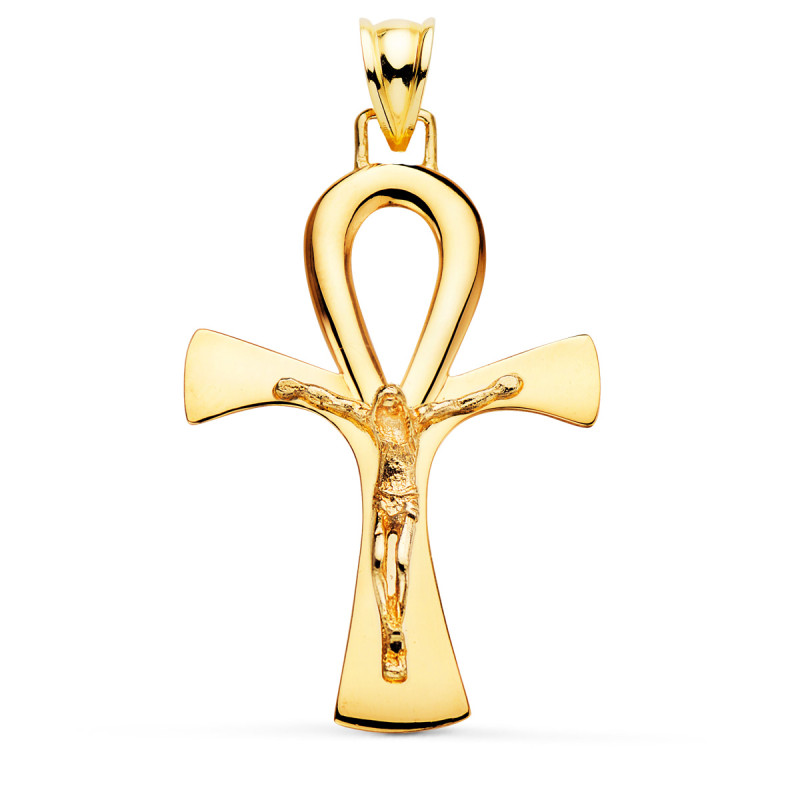 18K CRUZ DE LA VIDA EGIPCIA ORO AMARILLO CON CRISTO EN BRILLO 36 X 23 MM