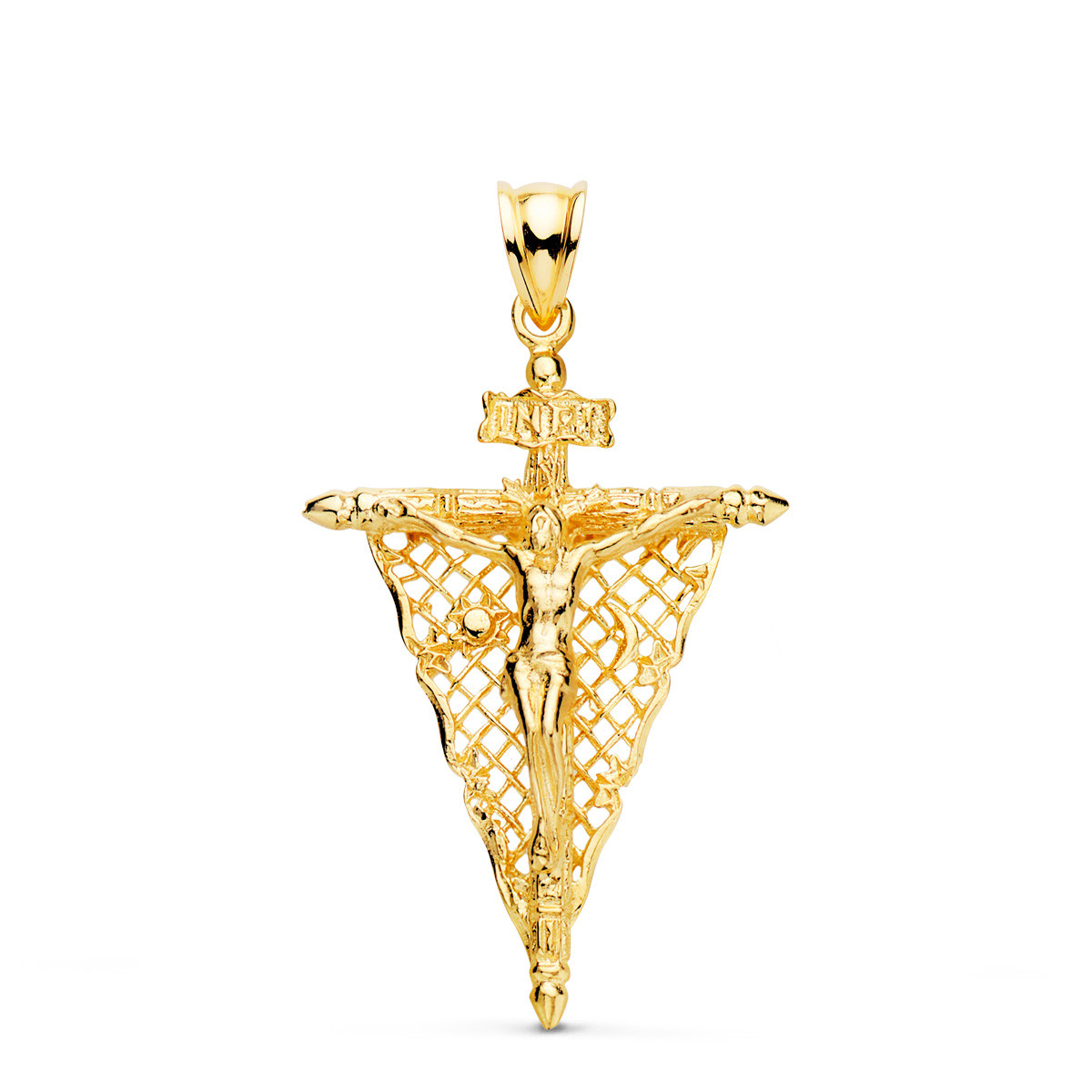 18K CRUZ ORO AMARILLO CON CRISTO DEL REMEDIO DE ANIMAS 35X23 MM