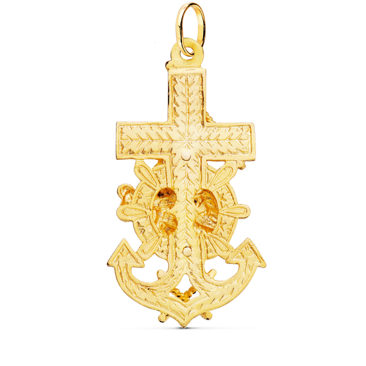 18K CRUZ MARINERA ORO AMARILLO VIRGEN DEL CARMEN TALLADA 47X25 MM