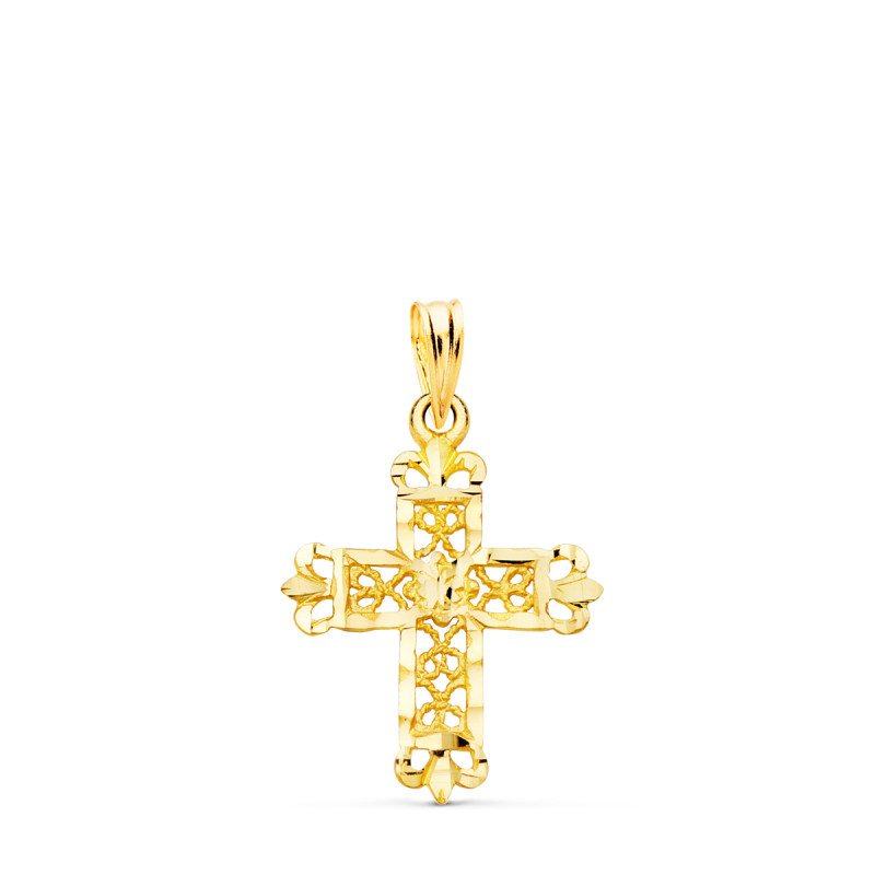 18K CRUZ ORO AMARILLO FILIGRANA BORDES TALLADOS. 22X19 MM