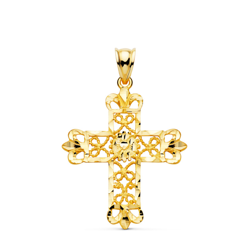 18K CRUZ ORO AMARILLO FILIGRANA BORDES TALLADOS. 35X29 MM