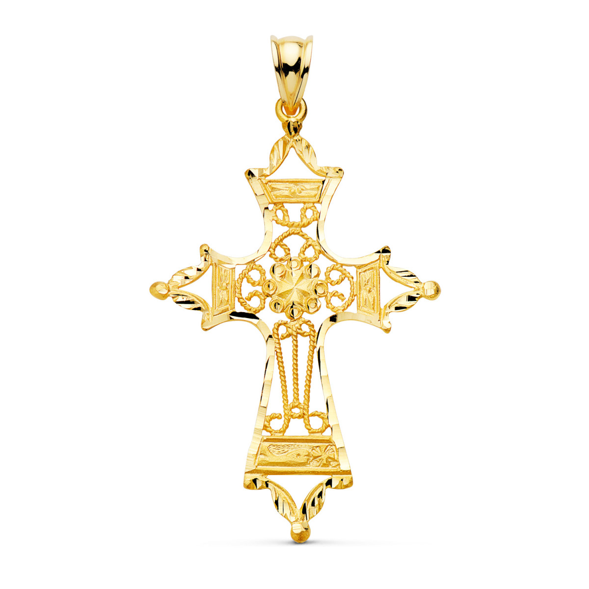 18K CRUZ ORO AMARILLO FILIGRANA BORDES TALLADOS. 46X30 MM