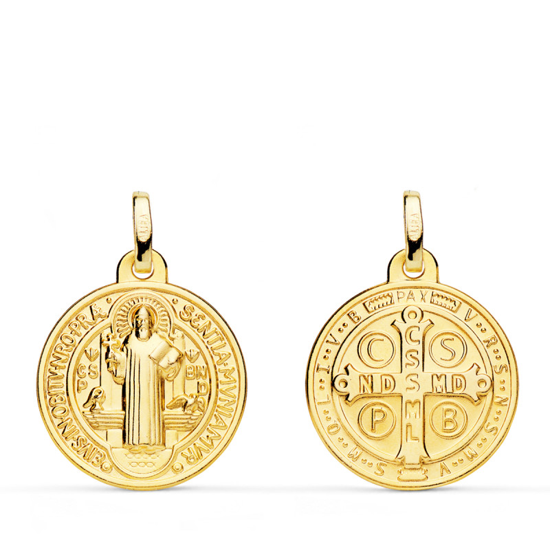 18K MEDALLA ESCAPULARIO ORO AMARILLO SAN BENITO MONJE 18 MM MATIZADA
