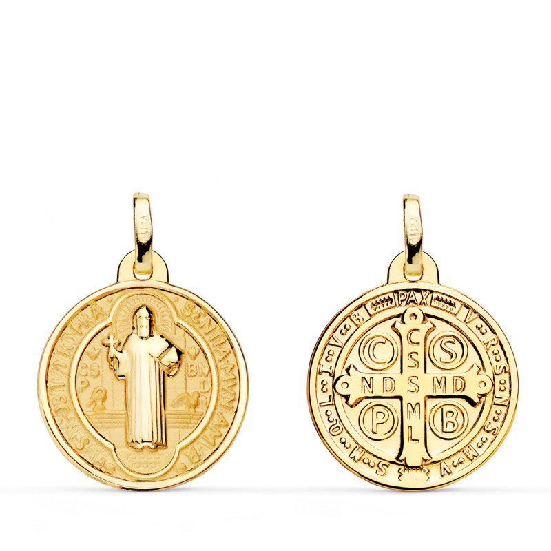18K MEDALLA  ESCAPULARIO SAN BENITO MONJE BRILLO Y FONDO MATIZADO 18 MM ESPALDA EN BRILLO