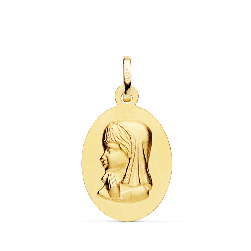 18K MEDALLA ORO AMARILLO VIRGEN NIÑA OVAL LISA MATIZADA. MEDIDA: 23 X 15 MM