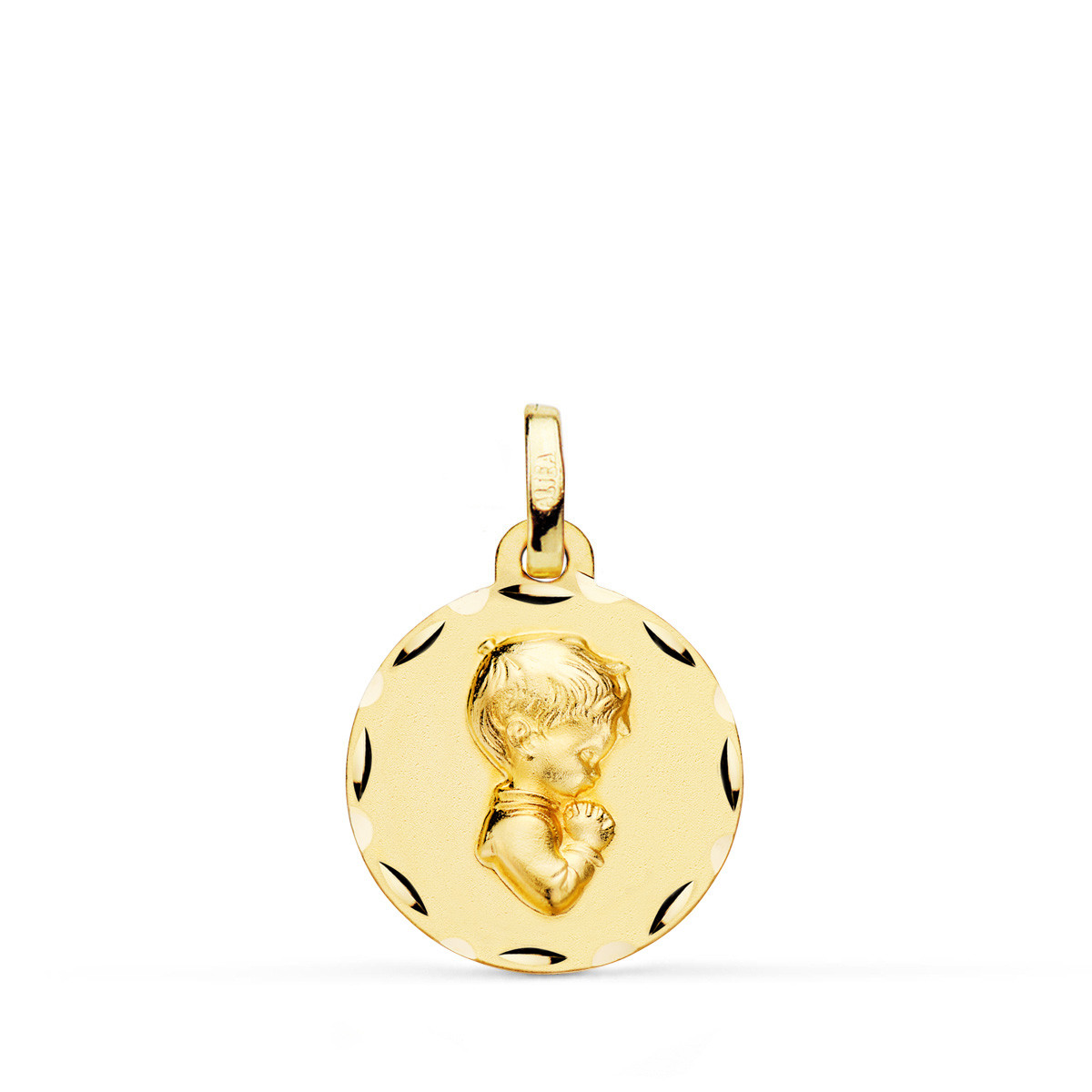 18K MEDALLA ORO AMARILLO NIÑO DE COMUNION PERFIL TALLADA 16 MM