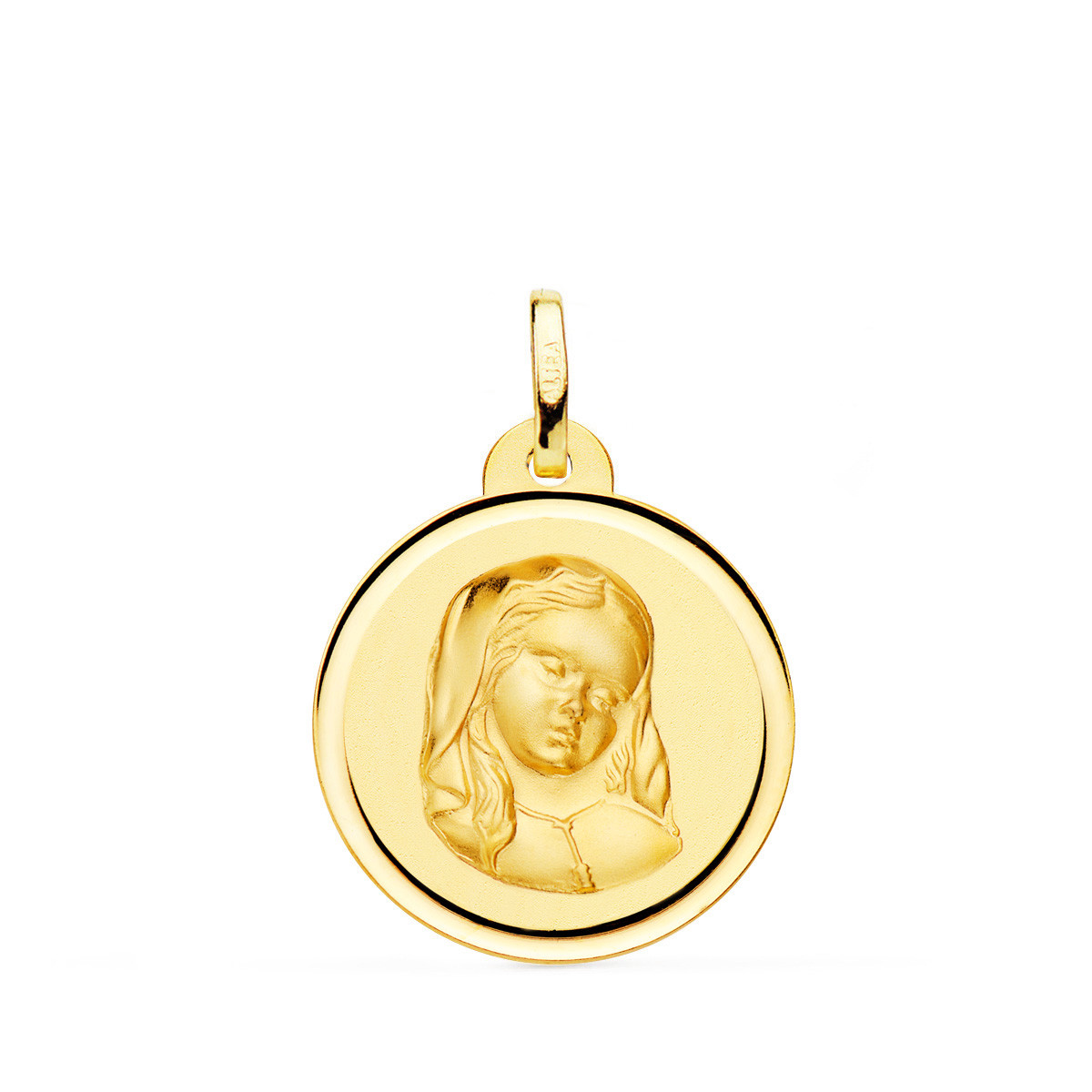 18K MEDALLA ORO AMARILLO VIRGEN NIÑA REZANDO BISEL 16 MM