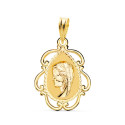 18K MEDALLA ORO AMARILLO VIRGEN NIÑA CERCO CALADO EN BRILLO . 22 X 16 MM