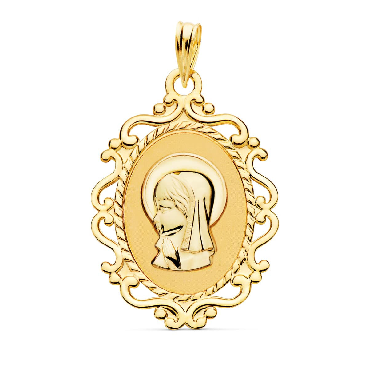 18K MEDALLA ORO AMARILLO VIRGEN NIÑA PERFIL CERCO CALADO BRILLO. 23 X 16 MM