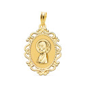 18K MEDALLA ORO AMARILLO VIRGEN NIÑA PERFIL CERCO CALADO BRILLO 23X16 MM
