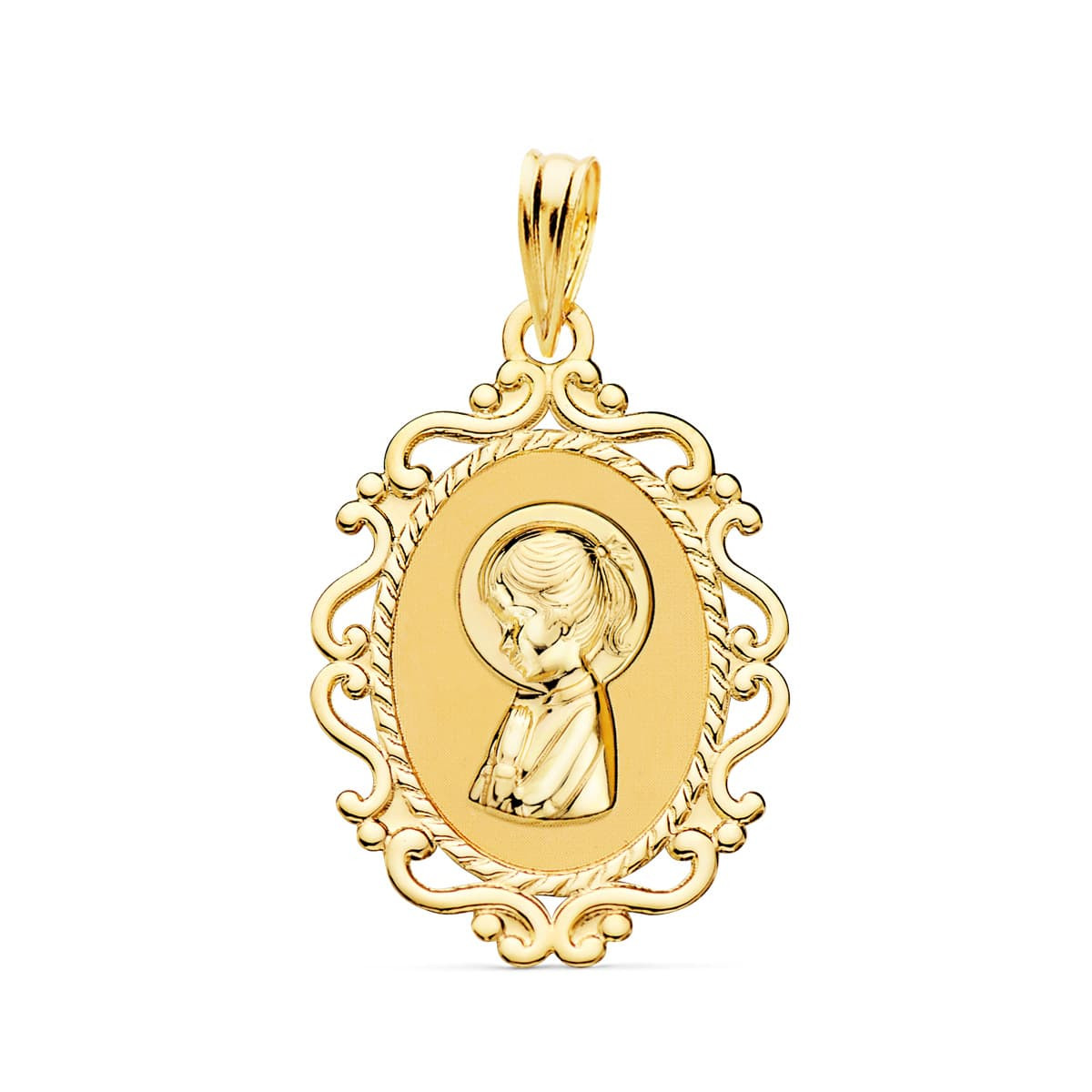 18K MEDALLA ORO AMARILLO VIRGEN NIÑA PERFIL CERCO CALADO BRILLO 23X16 MM