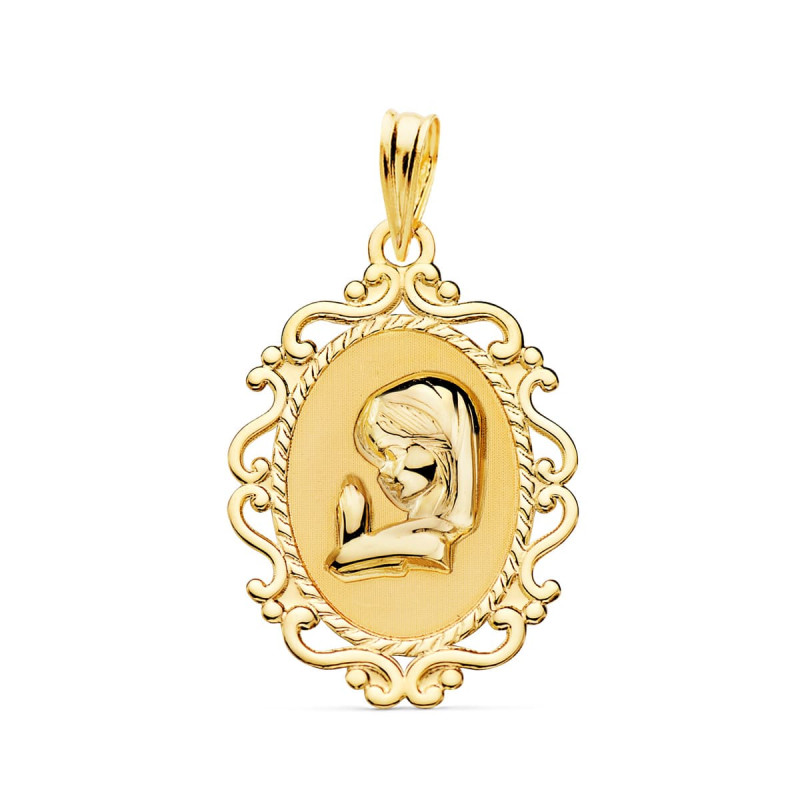 18K MEDALLA ORO AMARILLO VIRGEN NIÑA PERFIL CERCO CALADO BRILLO. 23 X 16 MM