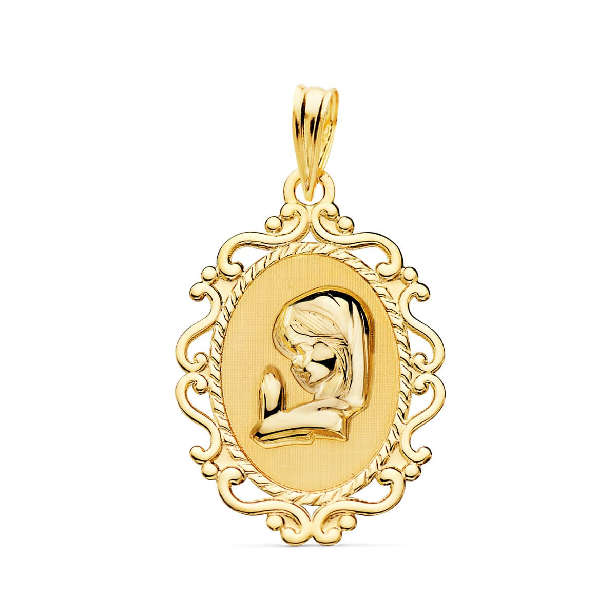 18K MEDALLA ORO AMARILLO VIRGEN NIÑA PERFIL CERCO CALADO BRILLO. 23 X 16 MM