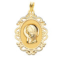 18K MEDALLA ORO AMARILLO VIRGEN NIÑA CERCO CALADO EN BRILLO 31X21 MM