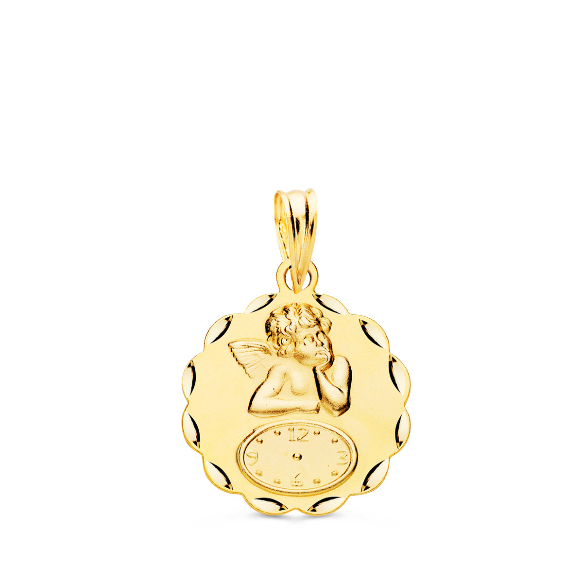 18K MEDALLA ORO AMARILLO REDONDA ANGELITO BURLON CON RELOJ TALLADA 16 MM
