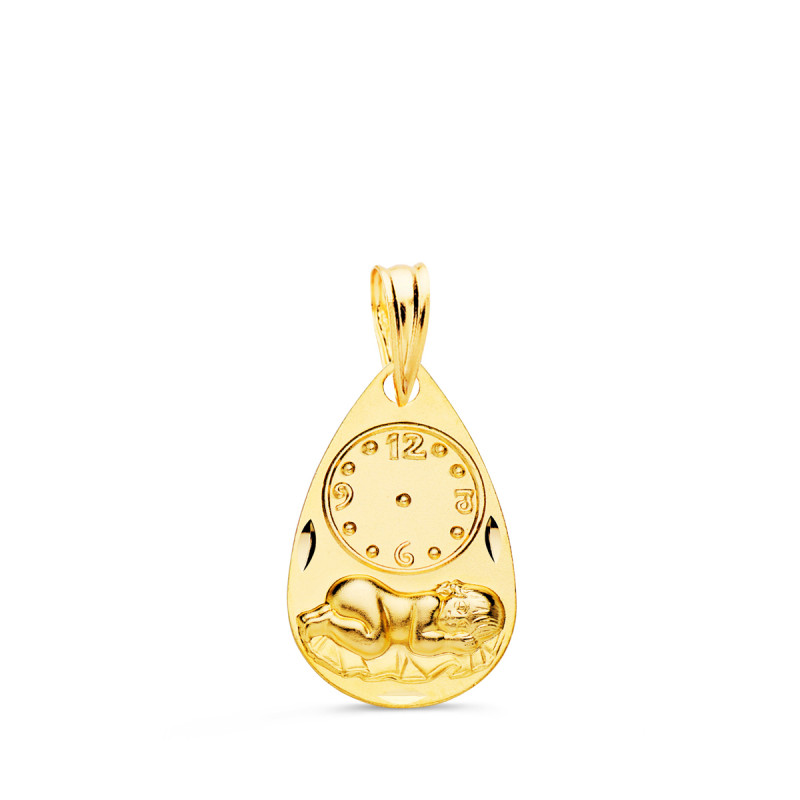 18K MEDALLA ORO AMARILLO GOTA NIÑO DE LA HORA CON RELOJ TALLADA 19X11 MM