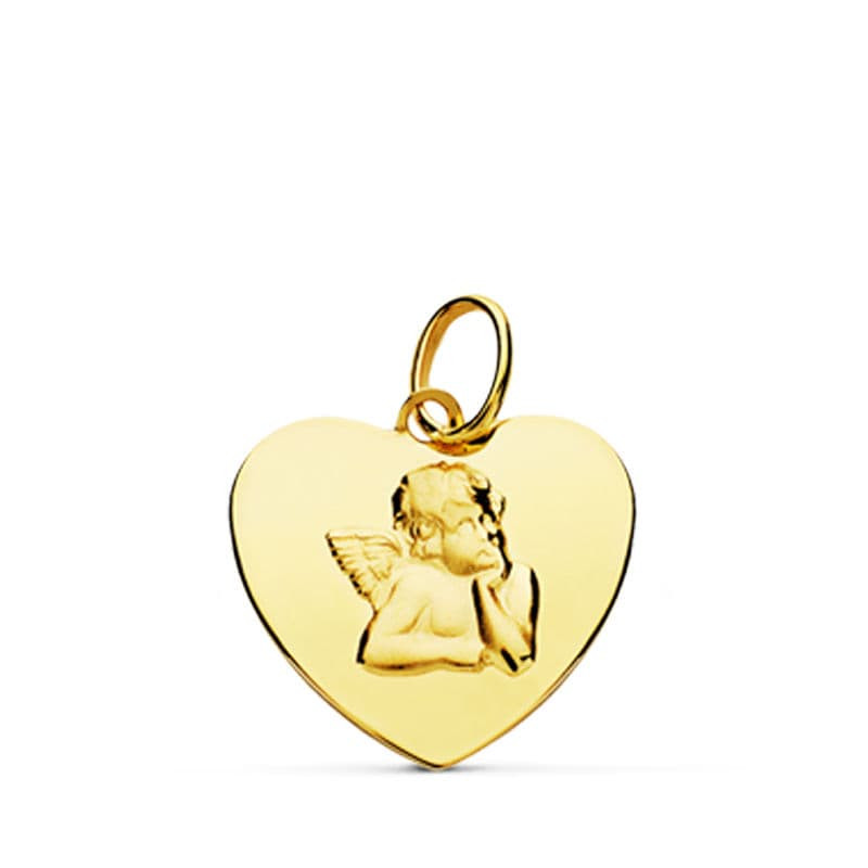 18K COLGANTE ORO AMARILLO CORAZON BRILLO Y ANGELITO BURLON. 14 MM C. AMOR