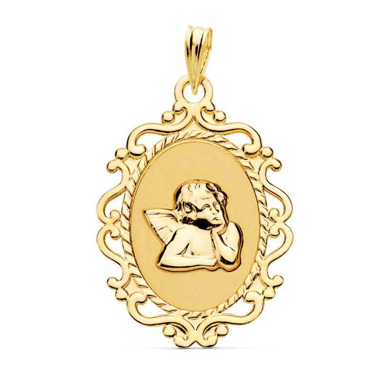 18K MEDALLA ORO AMARILLO ANGEL BURLON BRILLO Y CERCO CALADO 23X16 MM