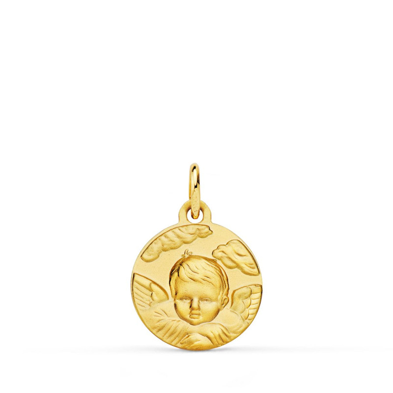18K MEDALLA ORO AMARILLO ANGEL NIÑO EN LA NUBE MATIZADO. 14 MM