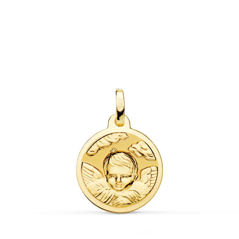 18K MEDALLA ORO AMARILLO ANGEL NIÑO EN LA NUBE BRILLO 16 MM